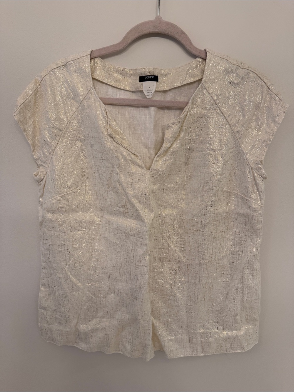 J. Crew Cream Metallic Cap-Sleeve V-Neck Blouse